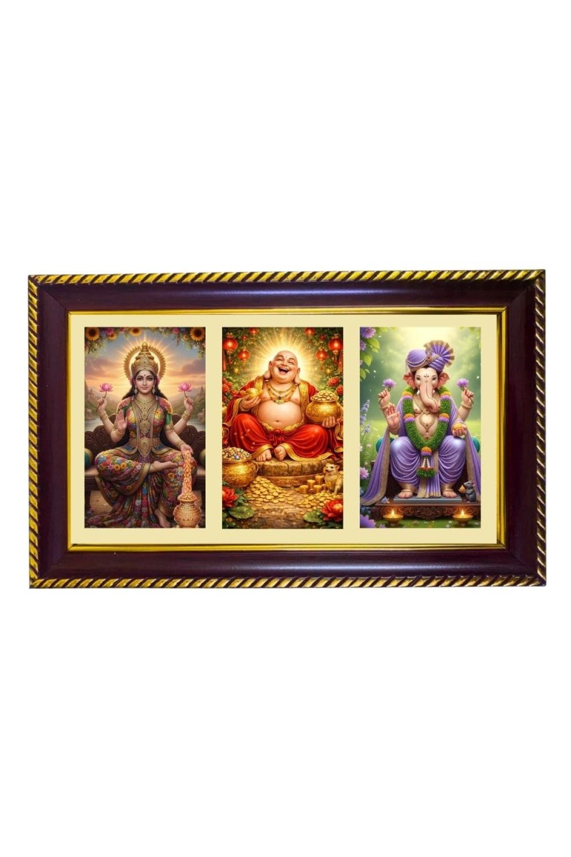 Lakshmi-Kubera-Ganpti Photo Frame 10x6 Inch | Glossy Maroon Polystyrene Frame | Divine Wall & Table Decor | Temple Decoration & Gift Item (Pack Of 1) (F21360)
