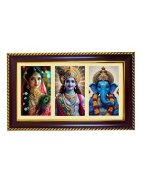 Radha-Krishna-Ganesha Photo Frame 12x8 Inch | Glossy Maroon Polystyrene Frame | Divine Wall & Table Decor | Temple Decoration & Gift Item (Pack Of 1) (F21318)