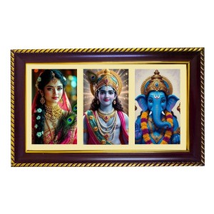 Radha-Krishna-Ganesha Photo Frame 12x8 Inch | Glossy Maroon Polystyrene Frame | Divine Wall & Table Decor | Temple Decoration & Gift Item (Pack Of 1) (F21318)