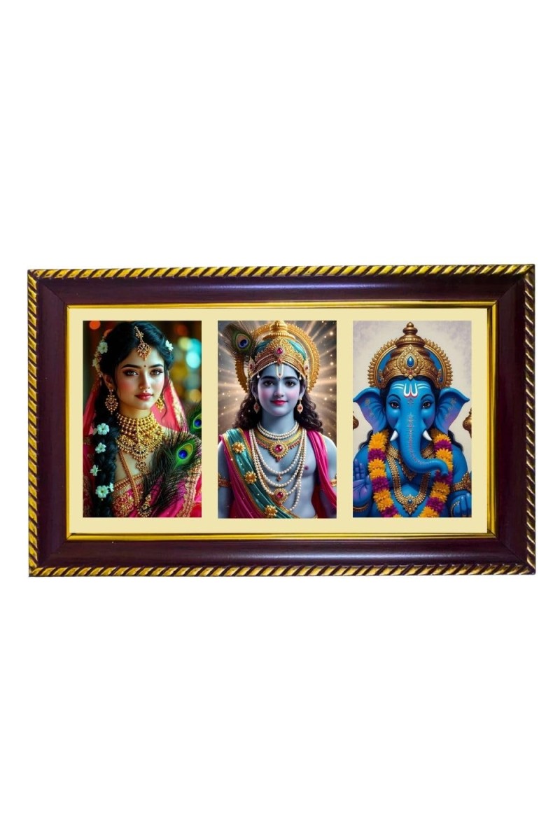Radha-Krishna-Ganesha Photo Frame 12x8 Inch | Glossy Maroon Polystyrene Frame | Divine Wall & Table Decor | Temple Decoration & Gift Item (Pack Of 1) (F21318)