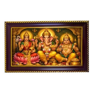 Lakshmi Kubera Ganesha Photo Frame 8x4 Inch | Glossy Maroon Polystyrene Frame | Divine Wall & Table Decor | Temple Decoration & Gift Item (Pack Of 1) (F20139)