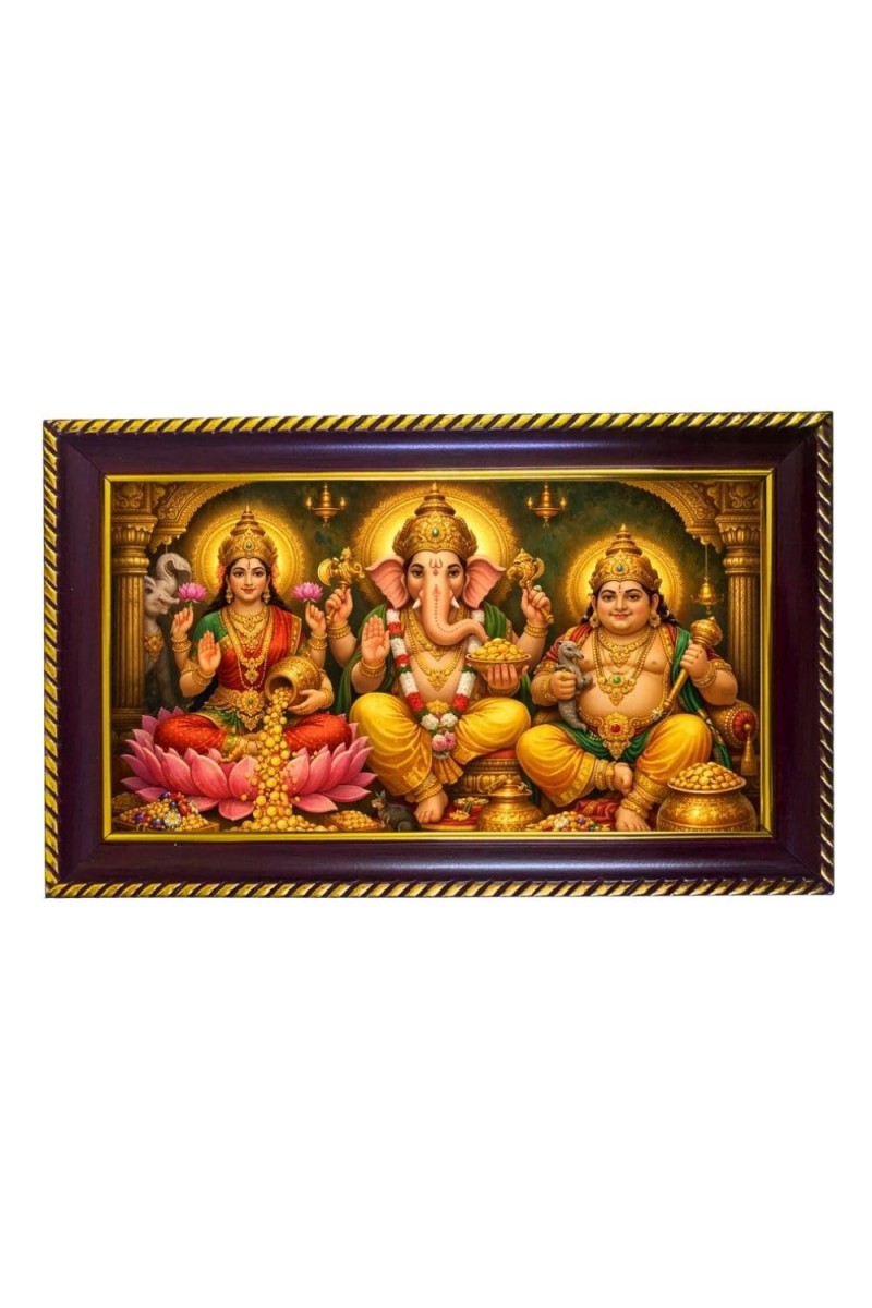 Lakshmi Kubera Ganesha Photo Frame 8x4 Inch | Glossy Maroon Polystyrene Frame | Divine Wall & Table Decor | Temple Decoration & Gift Item (Pack Of 1) (F20139)