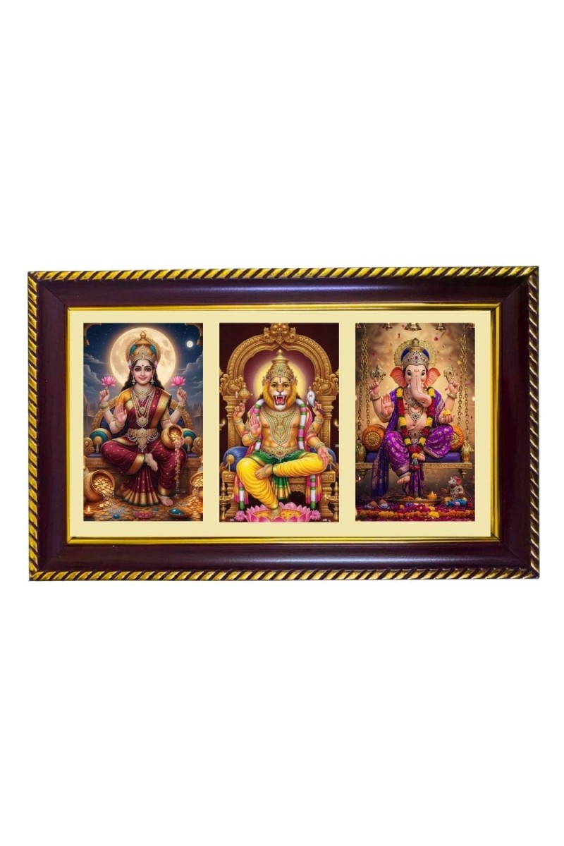 Lakshmi-Narshimha-Ganesha Photo Frame 10x6 Inch | Glossy Maroon Polystyrene Frame | Divine Wall & Table Decor | Temple Decoration & Gift Item (Pack Of 1) (F20999)