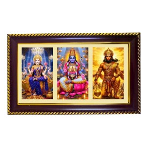 Lakshmi-Vishnu-Hanuman Photo Frame 8x4 Inch | Glossy Maroon Polystyrene Frame | Divine Wall & Table Decor | Temple Decoration & Gift Item (Pack Of 1) (F20746)