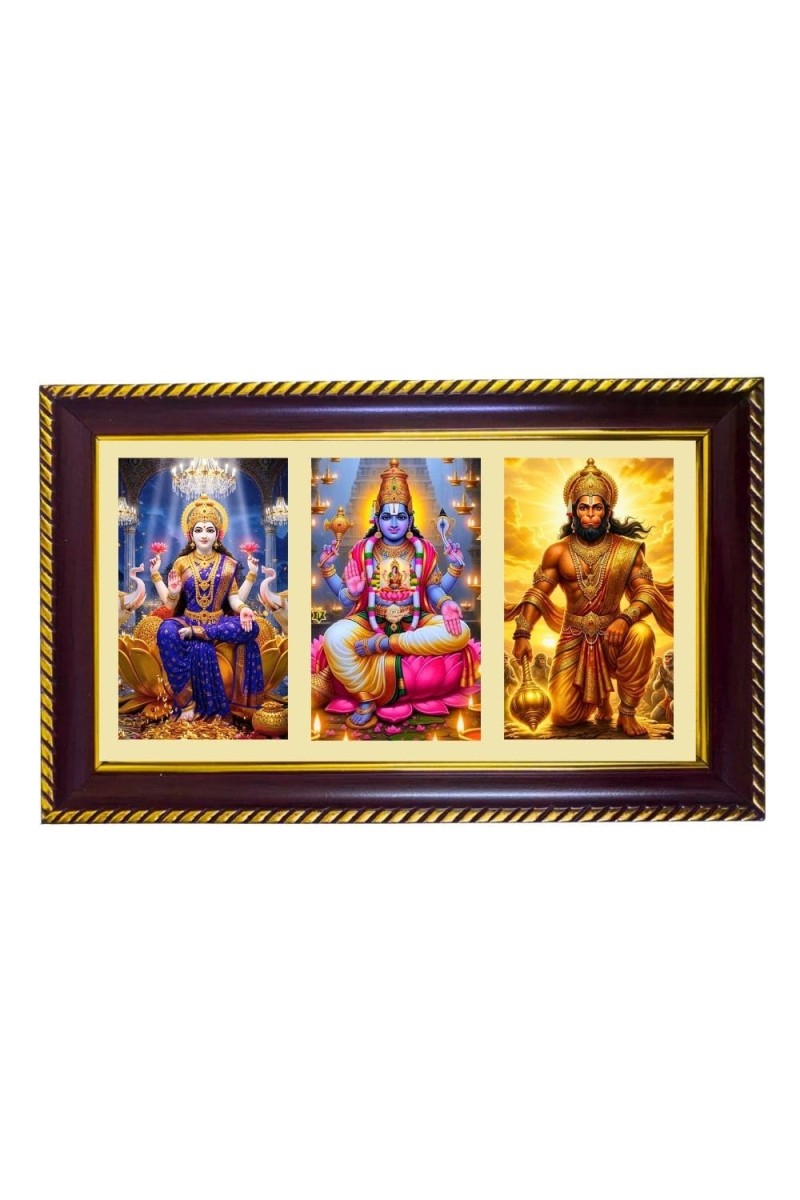 Lakshmi-Vishnu-Hanuman Photo Frame 8x4 Inch | Glossy Maroon Polystyrene Frame | Divine Wall & Table Decor | Temple Decoration & Gift Item (Pack Of 1) (F20746)