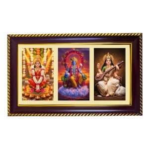 Lakshmi-Vishnu-Sarswati Photo Frame 8x4 Inch | Glossy Maroon Polystyrene Frame | Divine Wall & Table Decor | Temple Decoration & Gift Item (Pack Of 1) (F20727)