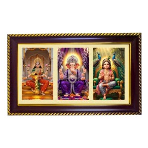 Lakshmi-Ganesha-Kartikeya Photo Frame 8x4 Inch | Glossy Maroon Polystyrene Frame | Divine Wall & Table Decor | Temple Decoration & Gift Item (Pack Of 1) (F20757)