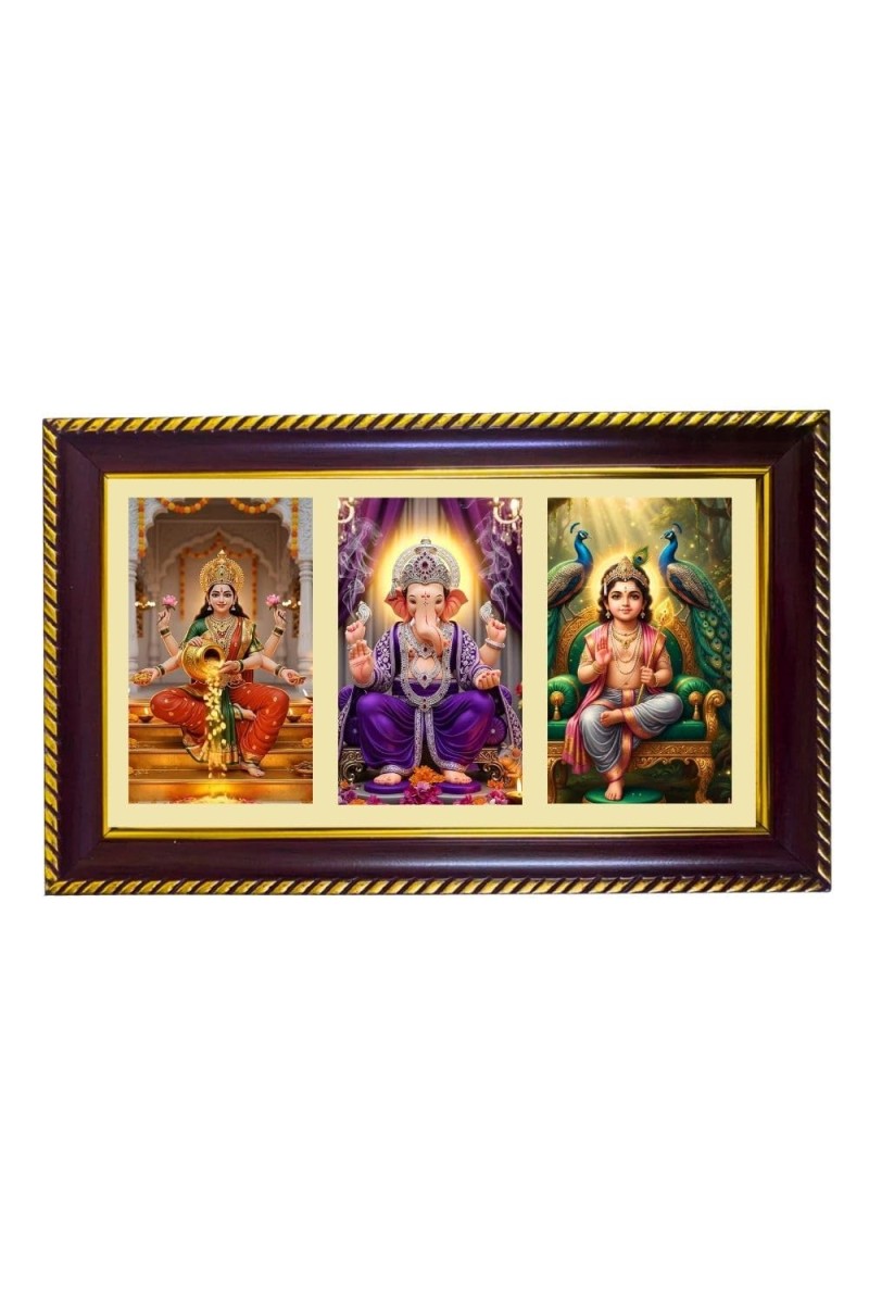 Lakshmi-Ganesha-Kartikeya Photo Frame 8x4 Inch | Glossy Maroon Polystyrene Frame | Divine Wall & Table Decor | Temple Decoration & Gift Item (Pack Of 1) (F20757)