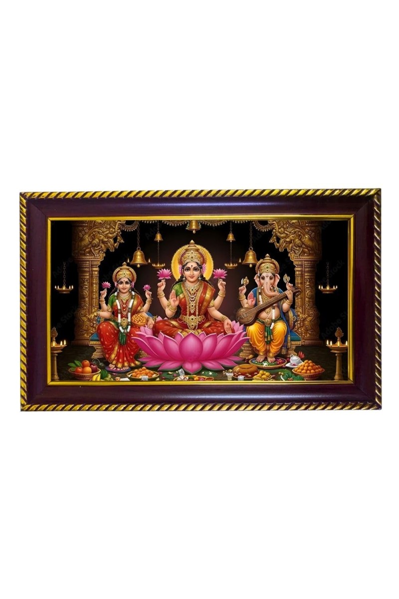 Lakshmi -Gannesha-Sarswati Photo Frame 10x6 Inch | Glossy Maroon Polystyrene Frame | Divine Wall & Table Decor | Temple Decoration & Gift Item (Pack Of 1) (F20075)