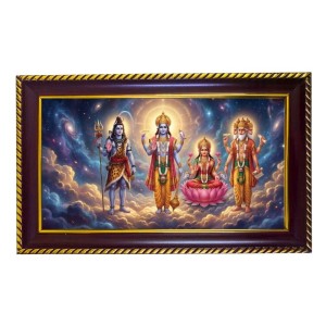 Lord Vishnu Laxmi Bramha Mahesh Photo Frame 12x8 Inch | Glossy Maroon Polystyrene Frame | Divine Wall & Table Decor | Temple Decoration & Gift Item (Pack Of 1) (F20653)
