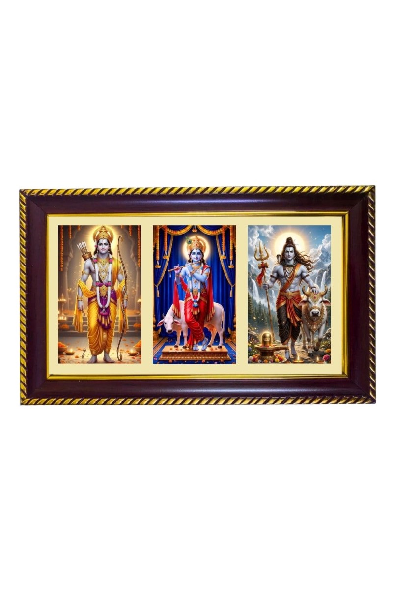 Vishnu-Krishna-Shiva Photo Frame 8x4 Inch | Glossy Maroon Polystyrene Frame | Divine Wall & Table Decor | Temple Decoration & Gift Item (Pack Of 1) (F21434)