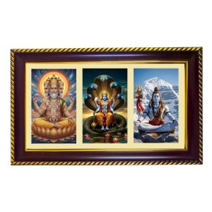 Bramha-Vishnu-Mahesha Photo Frame 12x8 Inch | Glossy Maroon Polystyrene Frame | Divine Wall & Table Decor | Temple Decoration & Gift Item (Pack Of 1) (F21147)
