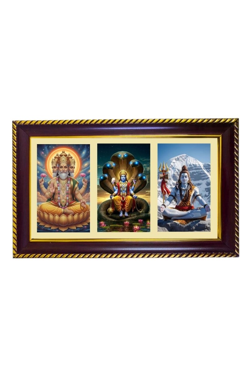 Bramha-Vishnu-Mahesha Photo Frame 12x8 Inch | Glossy Maroon Polystyrene Frame | Divine Wall & Table Decor | Temple Decoration & Gift Item (Pack Of 1) (F21147)