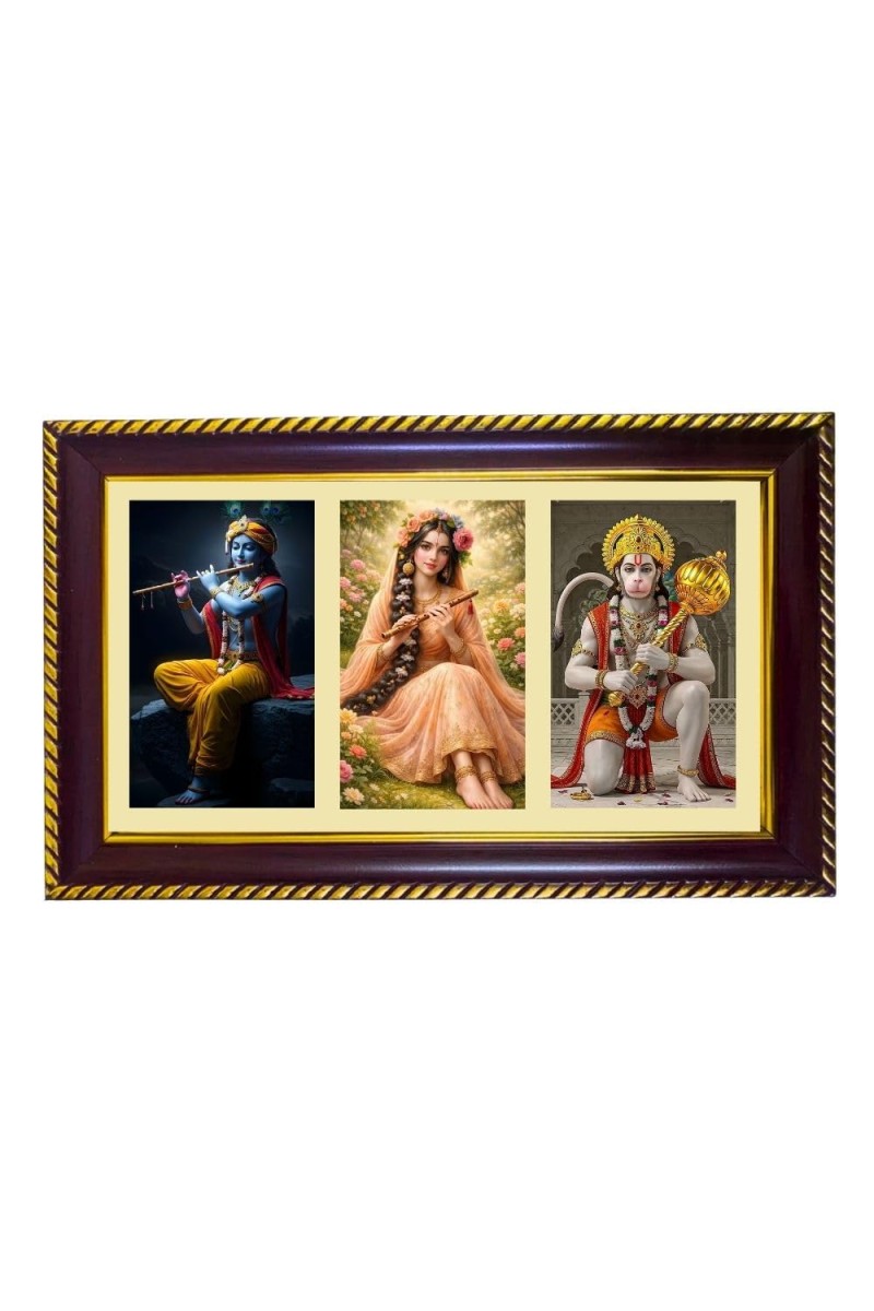 Krishna-Radha-Hanuman Photo Frame 12x8 Inch | Glossy Maroon Polystyrene Frame | Divine Wall & Table Decor | Temple Decoration & Gift Item (Pack Of 1) (F21060)