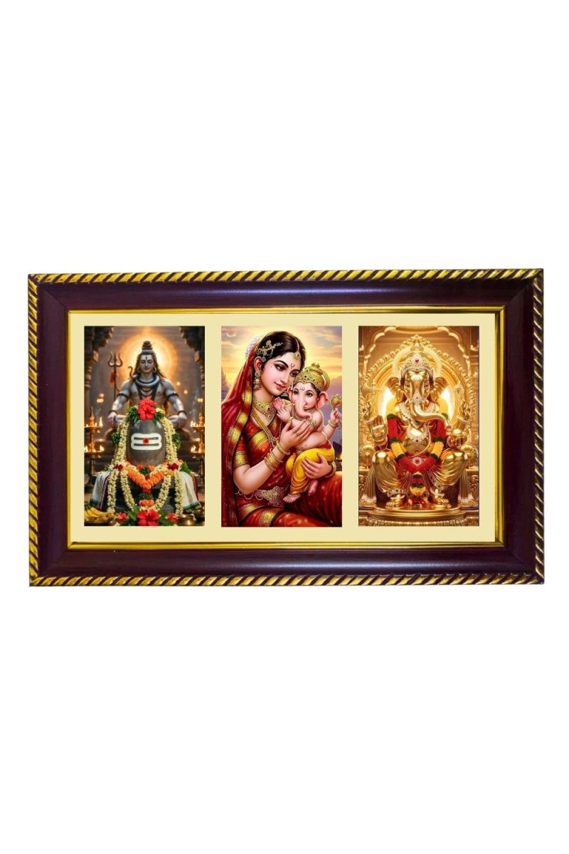 Shiva-Parvti-Ganesha Photo Frame 12x8 Inch | Glossy Maroon Polystyrene Frame | Divine Wall & Table Decor | Temple Decoration & Gift Item (Pack Of 1) (F20877)