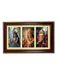 Radha-Krishna-Ganesha Photo Frame 12x8 Inch | Glossy Maroon Polystyrene Frame | Divine Wall & Table Decor | Temple Decoration & Gift Item (Pack Of 1) (F21307)