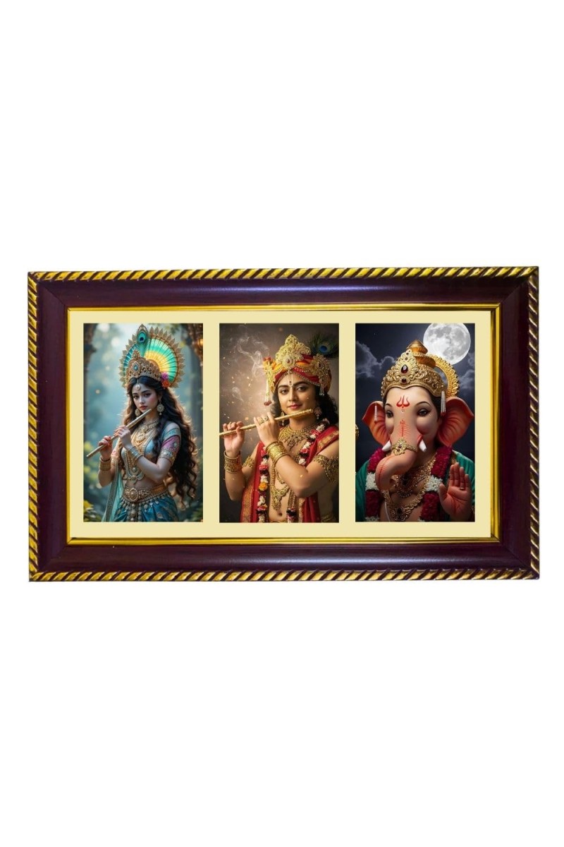 Radha-Krishna-Ganesha Photo Frame 12x8 Inch | Glossy Maroon Polystyrene Frame | Divine Wall & Table Decor | Temple Decoration & Gift Item (Pack Of 1) (F21307)