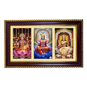 Lakshmi-Vishnu-Sarswati Photo Frame 8x4 Inch | Glossy Maroon Polystyrene Frame | Divine Wall & Table Decor | Temple Decoration & Gift Item (Pack Of 1) (F20726)