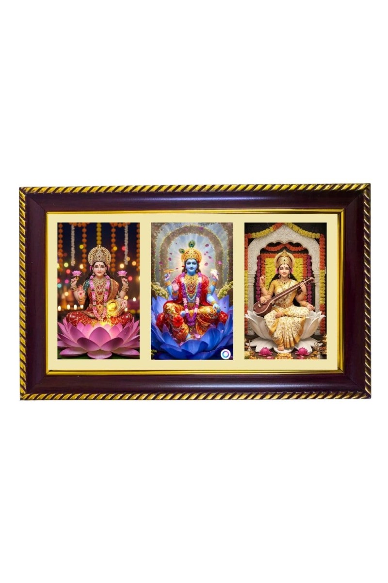 Lakshmi-Vishnu-Sarswati Photo Frame 8x4 Inch | Glossy Maroon Polystyrene Frame | Divine Wall & Table Decor | Temple Decoration & Gift Item (Pack Of 1) (F20726)