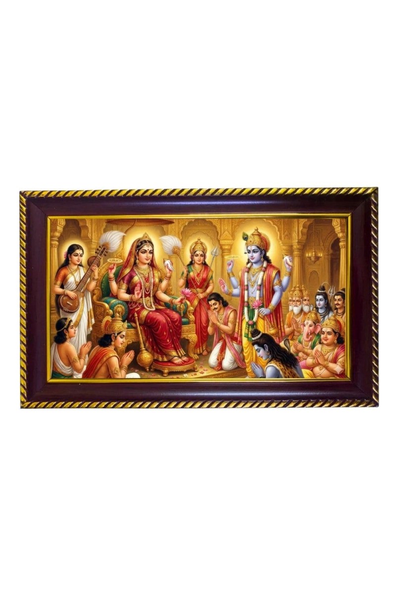 Lord Vishnu Laxmi Photo Frame 14x10 Inch | Glossy Maroon Polystyrene Frame | Divine Wall & Table Decor | Temple Decoration & Gift Item (Pack Of 1) (F20655)