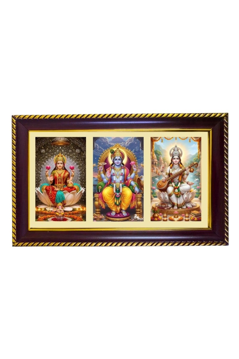 Lakshmi-Vishnu-Sarswati Photo Frame 14x10 Inch | Glossy Maroon Polystyrene Frame | Divine Wall & Table Decor | Temple Decoration & Gift Item (Pack Of 1) (F20994)