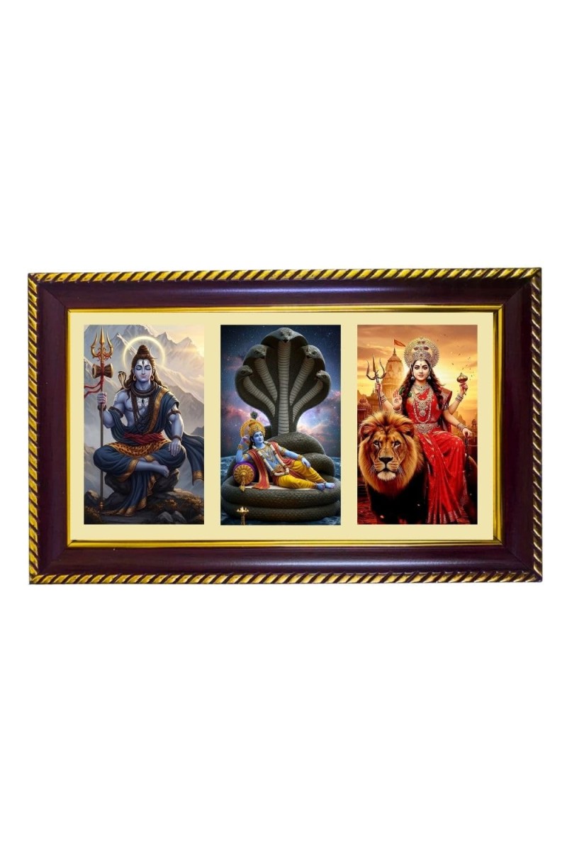 Shiva-Vishnu-Parvti Photo Frame 8x4 Inch | Glossy Maroon Polystyrene Frame | Divine Wall & Table Decor | Temple Decoration & Gift Item (Pack Of 1) (F21344)