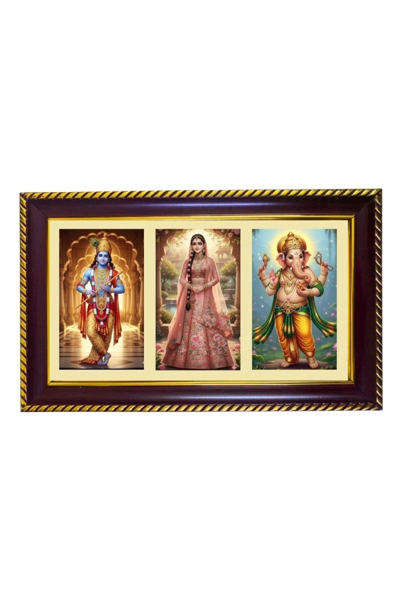 Krishna-Radha-Ganesha Photo Frame 8x4 Inch | Glossy Maroon Polystyrene Frame | Divine Wall & Table Decor | Temple Decoration & Gift Item (Pack Of 1) (F21056)