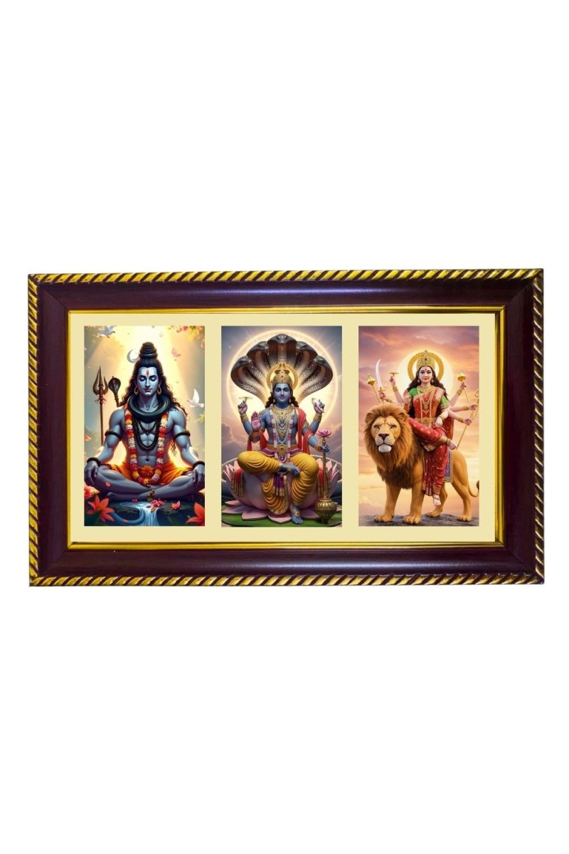 Shiva-Vishnu-Durga Photo Frame 14x10 Inch | Glossy Maroon Polystyrene Frame | Divine Wall & Table Decor | Temple Decoration & Gift Item (Pack Of 1) (F21350)