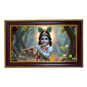 Lord Krishna Photo Frame 8x4 Inch | Glossy Maroon Polystyrene Frame | Divine Wall & Table Decor | Temple Decoration & Gift Item (Pack Of 1) (F20511)