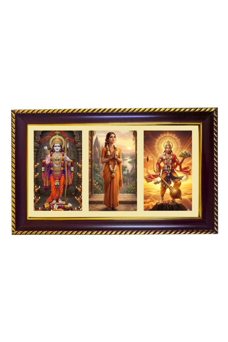 Ram-Sita-Hanuman Photo Frame 14x10 Inch | Glossy Maroon Polystyrene Frame | Divine Wall & Table Decor | Temple Decoration & Gift Item (Pack Of 1) (F21328)
