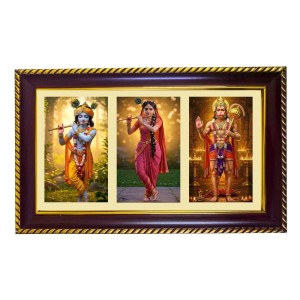 Krishna-Radha-Hanuman Photo Frame 14x10 Inch | Glossy Maroon Polystyrene Frame | Divine Wall & Table Decor | Temple Decoration & Gift Item (Pack Of 1) (F21064)