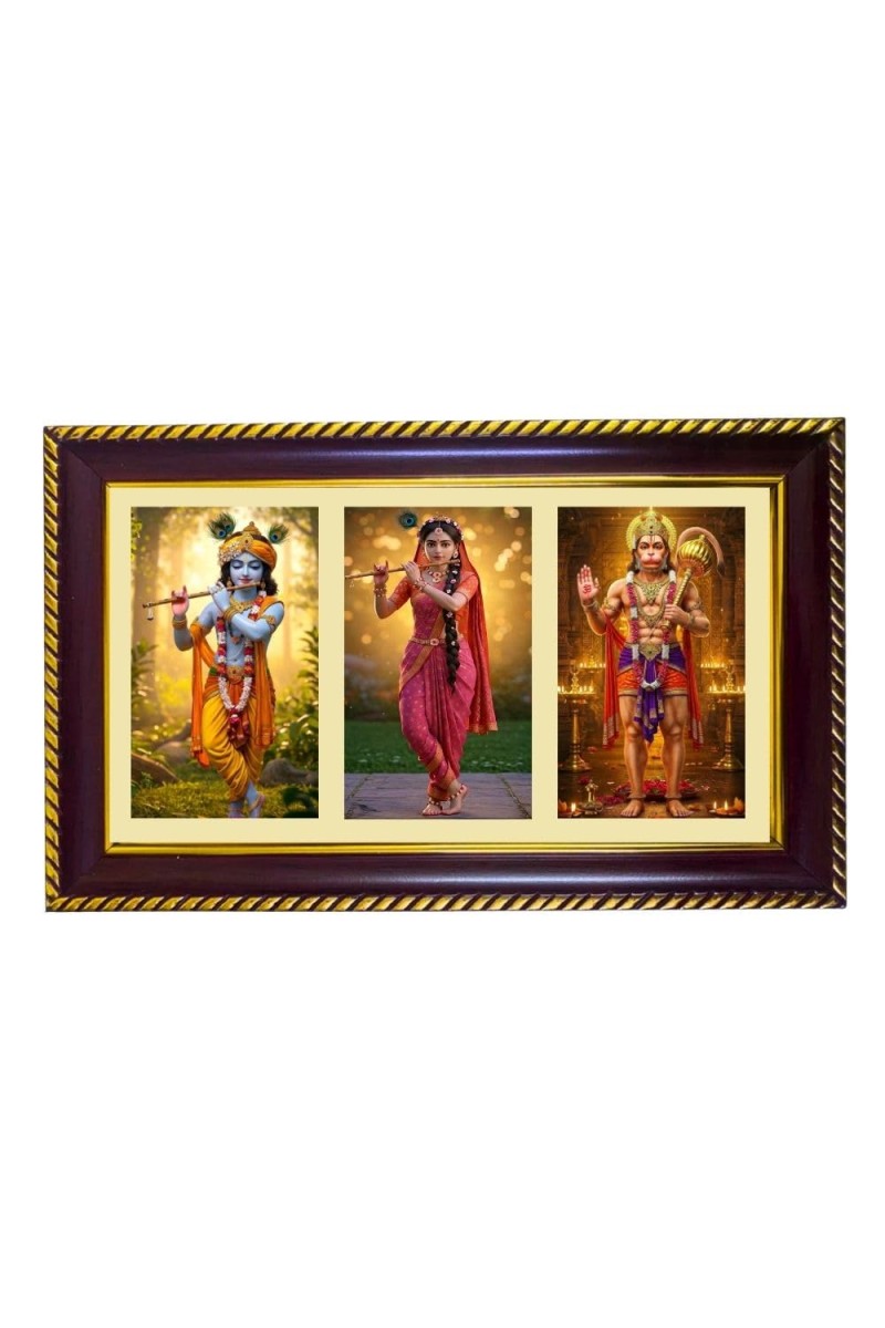 Krishna-Radha-Hanuman Photo Frame 14x10 Inch | Glossy Maroon Polystyrene Frame | Divine Wall & Table Decor | Temple Decoration & Gift Item (Pack Of 1) (F21064)