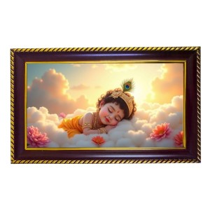 Lord Krishna Photo Frame 8x4 Inch | Glossy Maroon Polystyrene Frame | Divine Wall & Table Decor | Temple Decoration & Gift Item (Pack Of 1) (F20680)