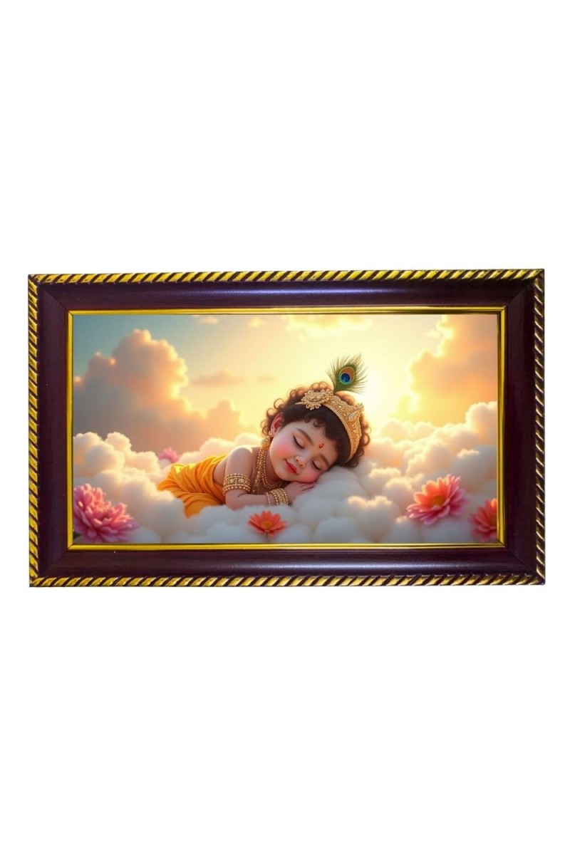 Lord Krishna Photo Frame 8x4 Inch | Glossy Maroon Polystyrene Frame | Divine Wall & Table Decor | Temple Decoration & Gift Item (Pack Of 1) (F20680)