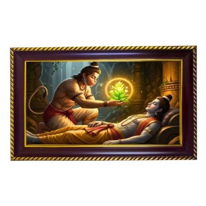 Lord Hanuman Bringing The Magical Sanjeevani Photo Frame 10x6 Inch | Glossy Maroon Polystyrene Frame | Divine Wall & Table Decor | Temple Decoration & Gift Item (Pack Of 1) (F20254)