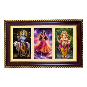 Krishna-Radha-Ganesha Photo Frame 12x8 Inch | Glossy Maroon Polystyrene Frame | Divine Wall & Table Decor | Temple Decoration & Gift Item (Pack Of 1) (F20936)