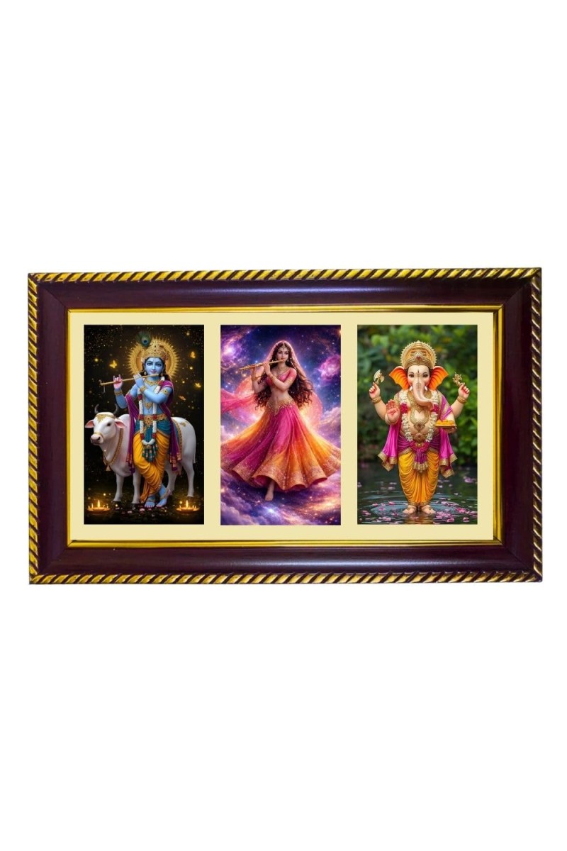 Krishna-Radha-Ganesha Photo Frame 12x8 Inch | Glossy Maroon Polystyrene Frame | Divine Wall & Table Decor | Temple Decoration & Gift Item (Pack Of 1) (F20936)