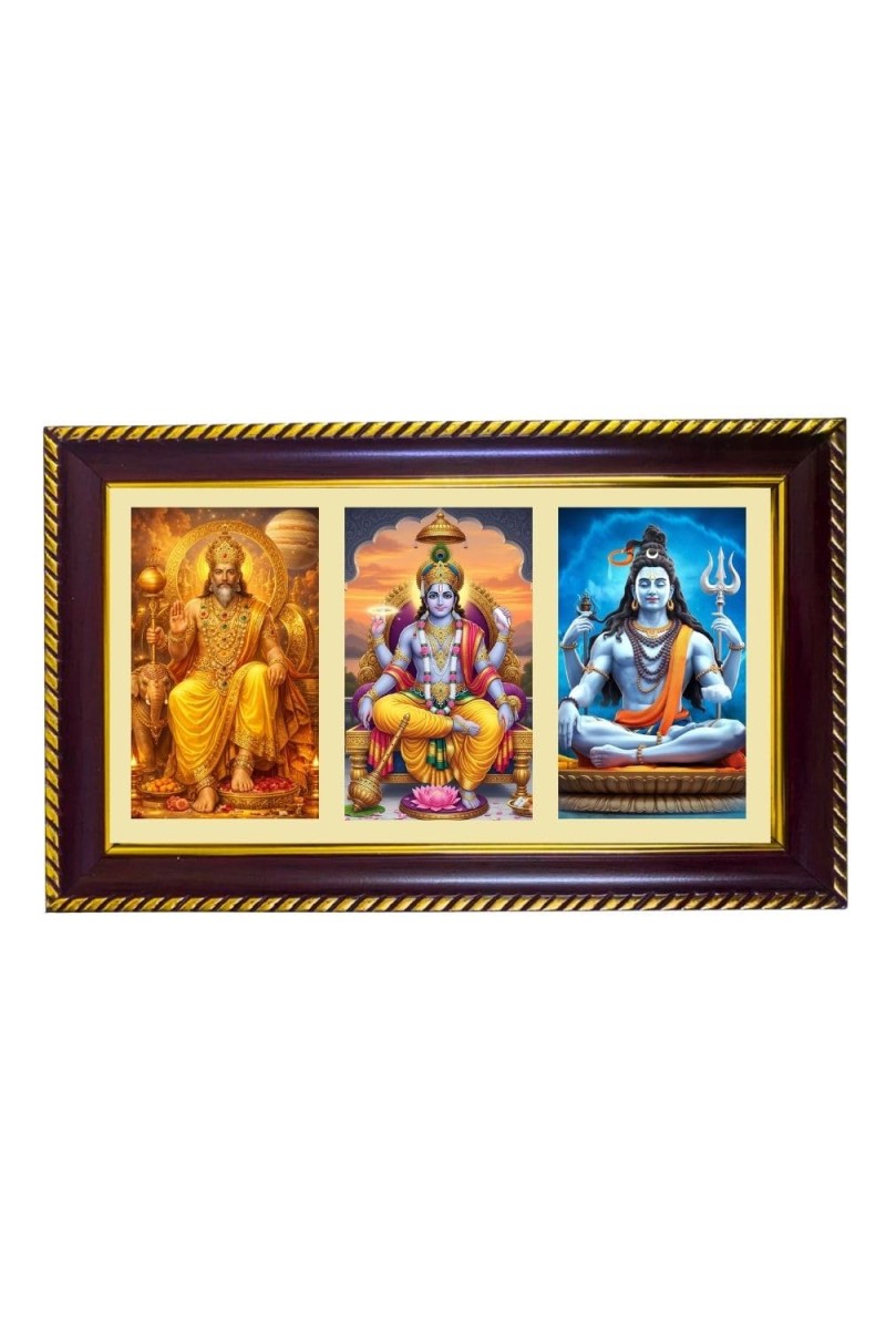 Bramha-Vishnu-Mahesha Photo Frame 10x6 Inch | Glossy Maroon Polystyrene Frame | Divine Wall & Table Decor | Temple Decoration & Gift Item (Pack Of 1) (F21152)