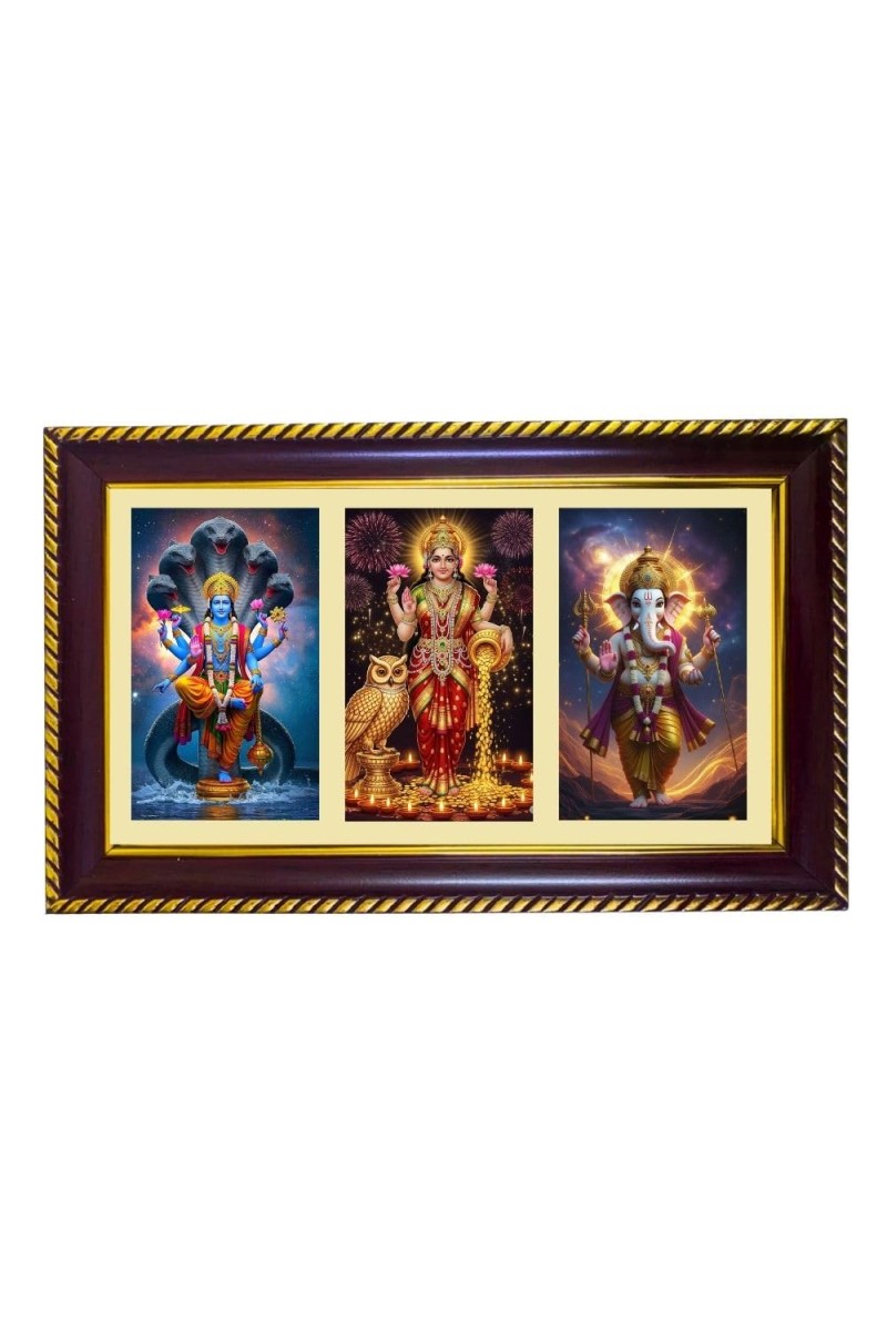 Vishnu-Lakshmi-Ganesha Photo Frame 10x6 Inch | Glossy Maroon Polystyrene Frame | Divine Wall & Table Decor | Temple Decoration & Gift Item (Pack Of 1) (F21019)