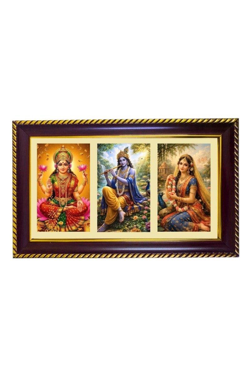 Lakshmi-Krishna-Radha Photo Frame 14x10 Inch | Glossy Maroon Polystyrene Frame | Divine Wall & Table Decor | Temple Decoration & Gift Item (Pack Of 1) (F20768)