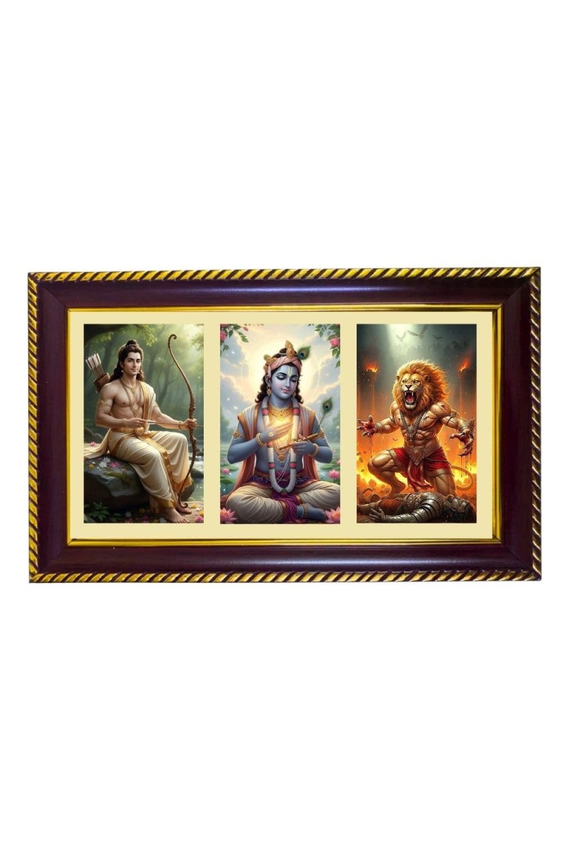 Ram-Krishna-Narshima Photo Frame 8x4 Inch | Glossy Maroon Polystyrene Frame | Divine Wall & Table Decor | Temple Decoration & Gift Item (Pack Of 1) (F21481)