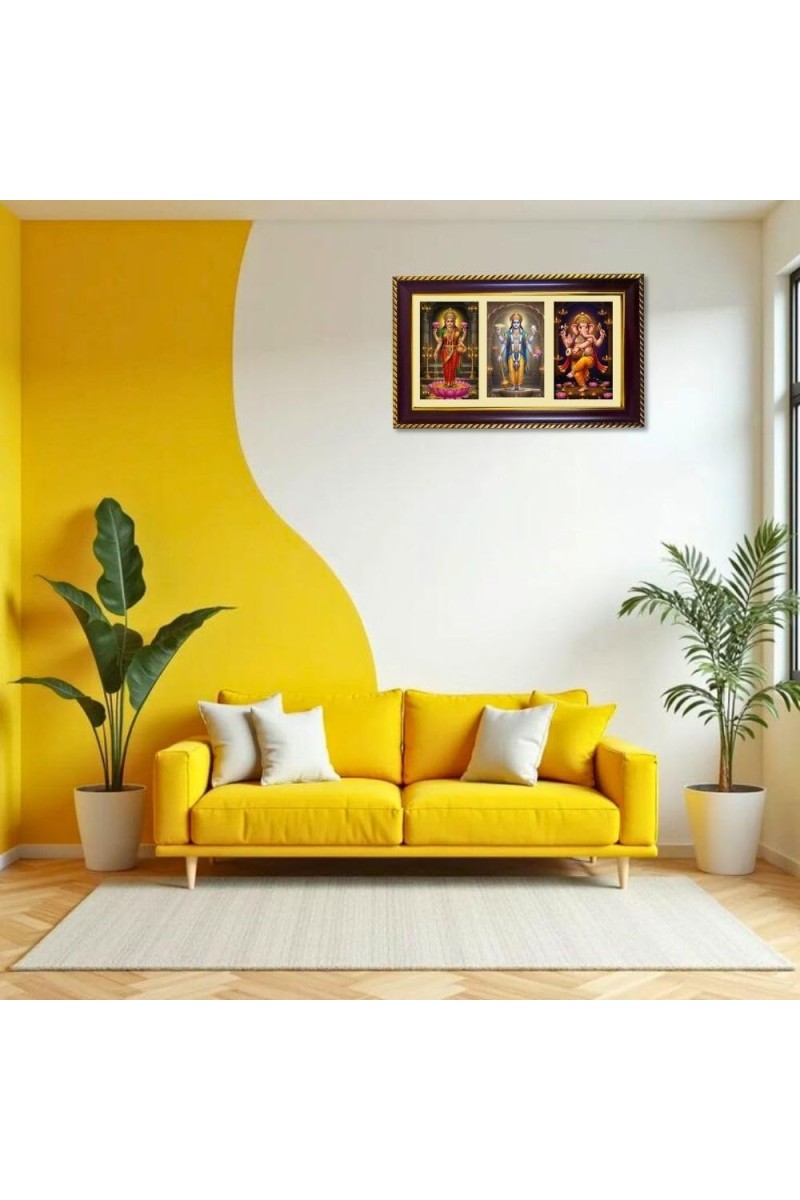 Lakshmi-Vishnu-Ganpati Photo Frame 10x6 Inch | Glossy Maroon Polystyrene Frame | Divine Wall & Table Decor | Temple Decoration & Gift Item (Pack Of 1) (F20993)