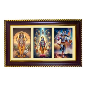 Bramha-Vishnu-Mahesha Photo Frame 12x8 Inch | Glossy Maroon Polystyrene Frame | Divine Wall & Table Decor | Temple Decoration & Gift Item (Pack Of 1) (F21149)