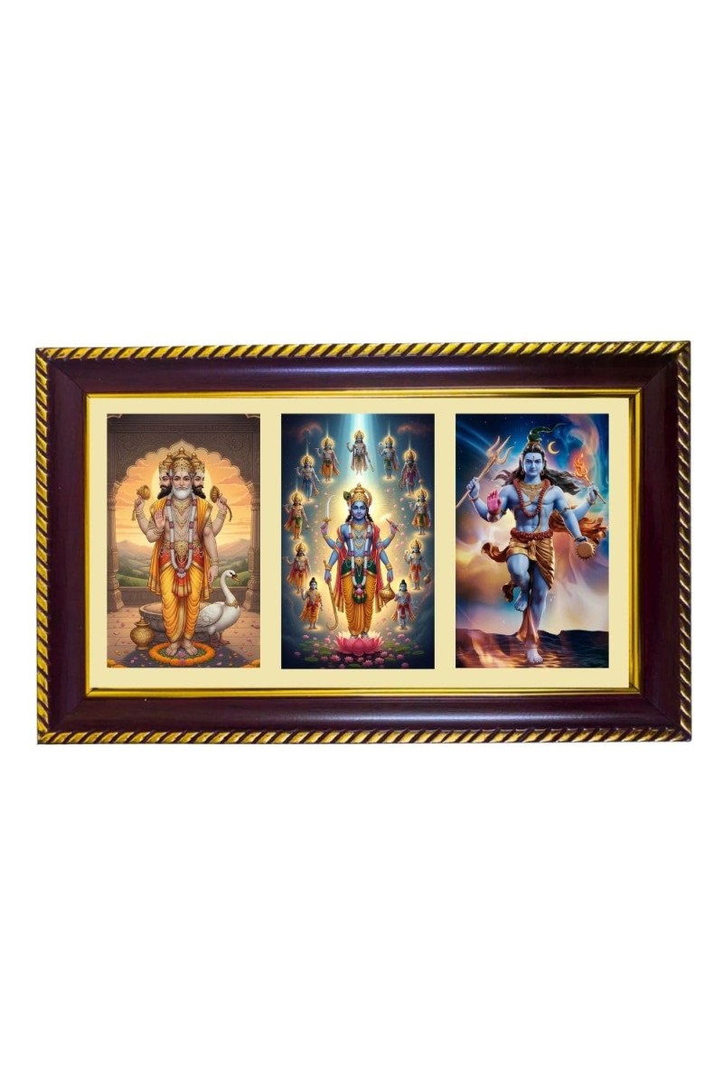 Bramha-Vishnu-Mahesha Photo Frame 12x8 Inch | Glossy Maroon Polystyrene Frame | Divine Wall & Table Decor | Temple Decoration & Gift Item (Pack Of 1) (F21149)