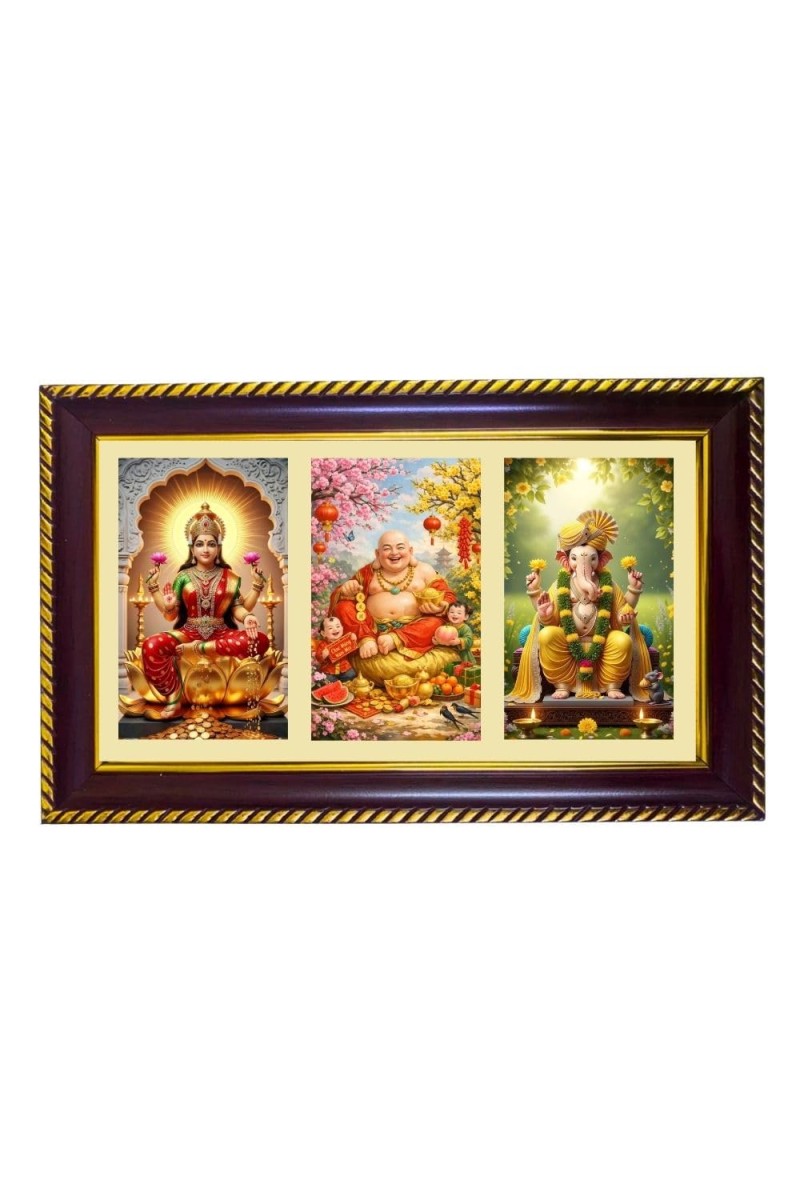 Lakshmi-Kubera-Ganpti Photo Frame 12x8 Inch | Glossy Maroon Polystyrene Frame | Divine Wall & Table Decor | Temple Decoration & Gift Item (Pack Of 1) (F21362)