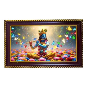 Lord Krishna Photo Frame 10x6 Inch | Glossy Maroon Polystyrene Frame | Divine Wall & Table Decor | Temple Decoration & Gift Item (Pack Of 1) (F20334)