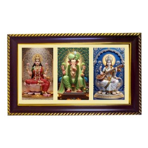 Lakshmi-Ganesha-Sarswati Photo Frame 12x8 Inch | Glossy Maroon Polystyrene Frame | Divine Wall & Table Decor | Temple Decoration & Gift Item (Pack Of 1) (F21290)