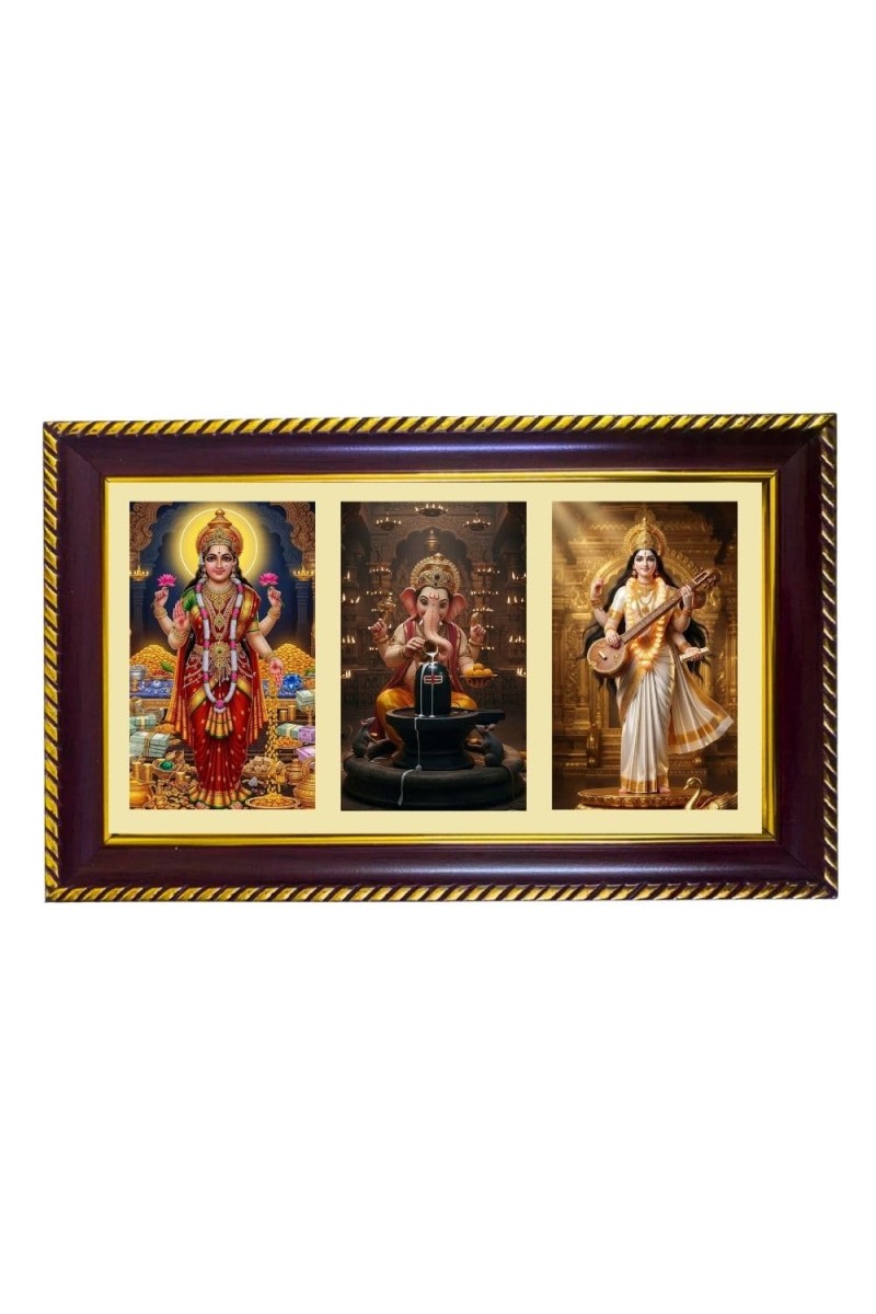 Lakshmi-Ganpati Sarswati Photo Frame 12x8 Inch | Glossy Maroon Polystyrene Frame | Divine Wall & Table Decor | Temple Decoration & Gift Item (Pack Of 1) (F21128)