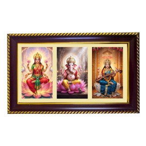 Lakshmi-Ganpati Sarswati Photo Frame 14x10 Inch | Glossy Maroon Polystyrene Frame | Divine Wall & Table Decor | Temple Decoration & Gift Item (Pack Of 1) (F21121)