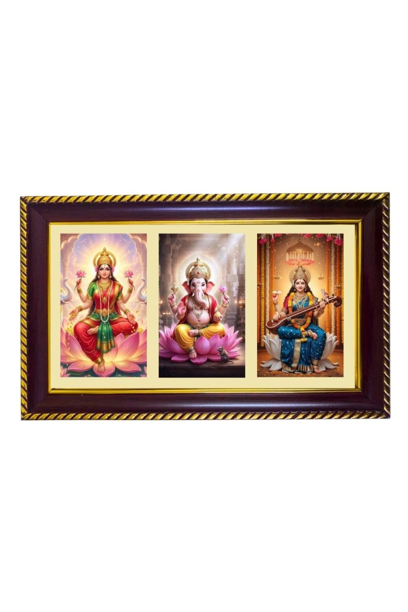 Lakshmi-Ganpati Sarswati Photo Frame 14x10 Inch | Glossy Maroon Polystyrene Frame | Divine Wall & Table Decor | Temple Decoration & Gift Item (Pack Of 1) (F21121)